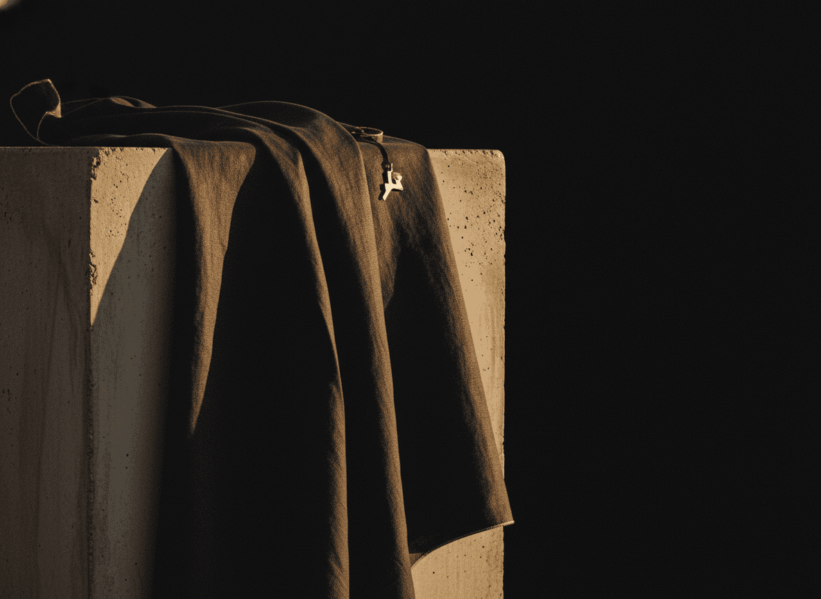 Tela editorial drapeada en luz cálida diagonal