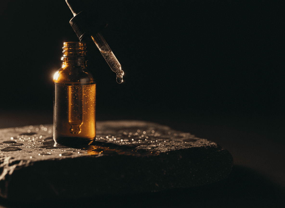 Gota de sérum premium en luz editorial dorada