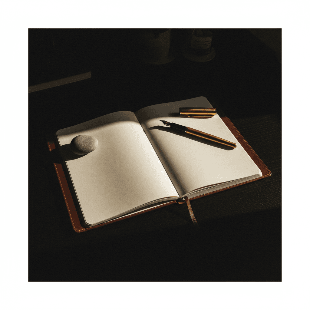 Libreta de cuero y pluma en luz dorada editorial