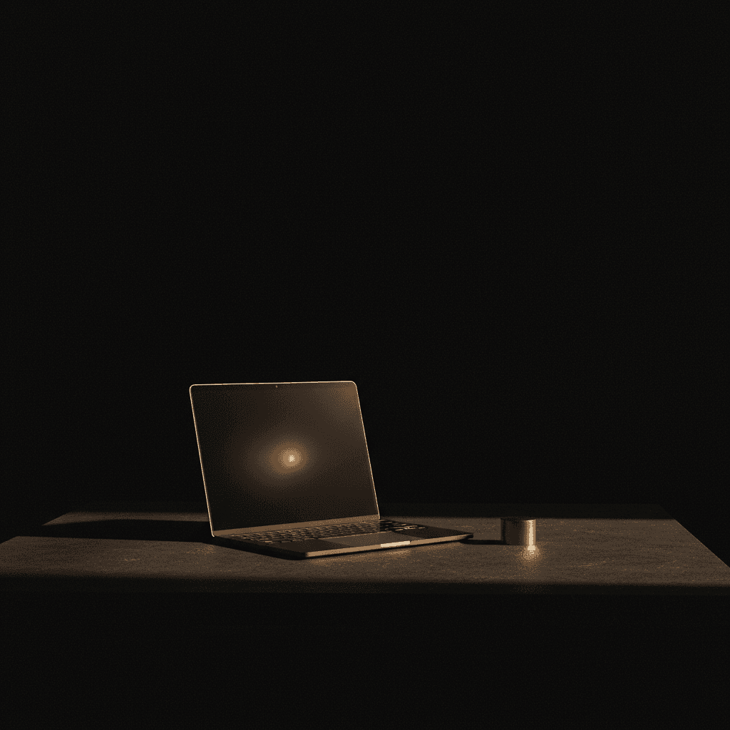 Laptop editorial premium con pantalla dorada sobre superficie oscura