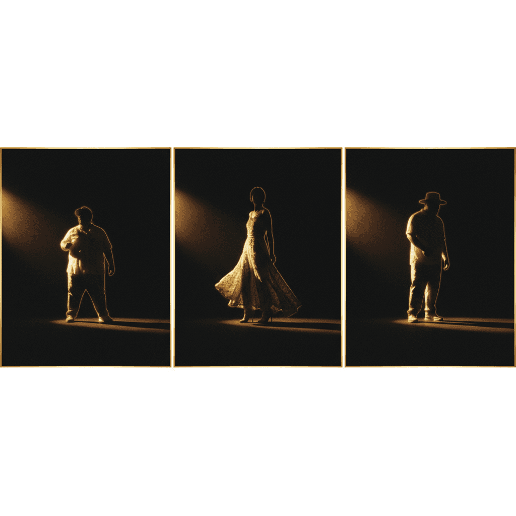 Siluetas editoriales de creadores en luz dorada