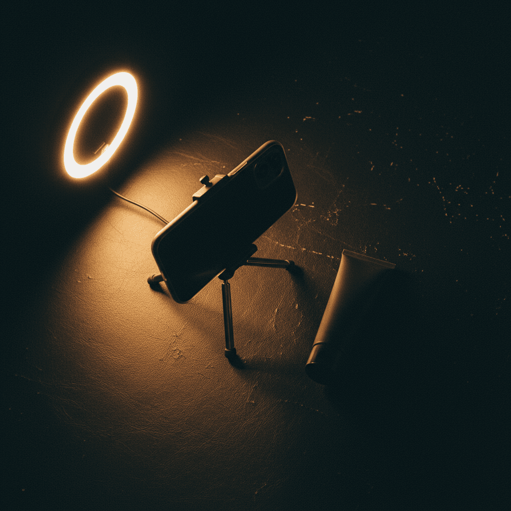 Teléfono filmando producto con ring light dorado